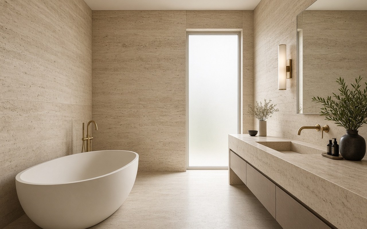 Modernes Bad mit Naturstein-Wand und Waschtisch