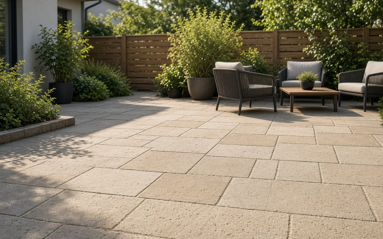 Terrasse mit großformatigen Natursteinplatten